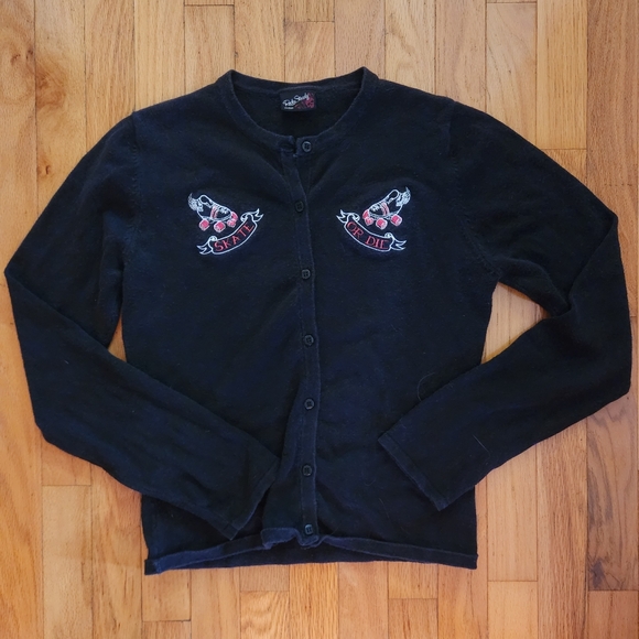 Skate Or Die Roller Derby Skate Rockabilly Pinup Black & Pink Cardigan Medium - Picture 2 of 4